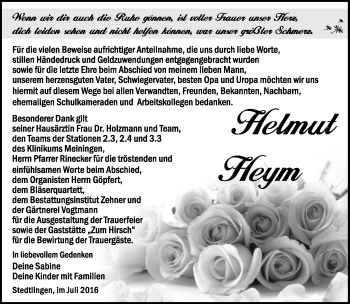 Traueranzeige von Helmut Heym von Südthüringer Presse