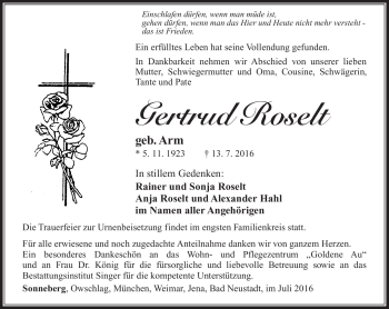 Traueranzeige von Gertrud Roselt von Südthüringer Presse