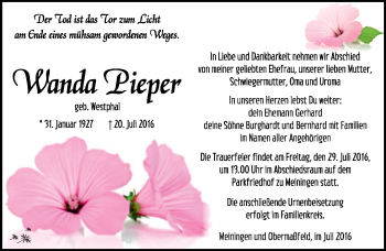 Traueranzeige von Wanda Pieper von Südthüringer Presse