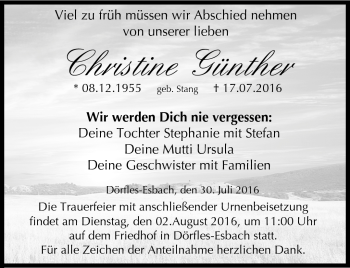Traueranzeige von Christine Günther von Neue Presse Coburg