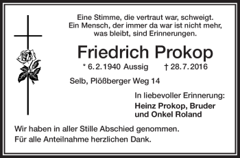 Traueranzeige von Friedrich Prokop von Frankenpost