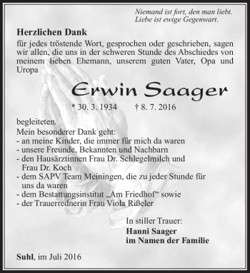 Traueranzeige von Erwin Saager von Südthüringer Presse