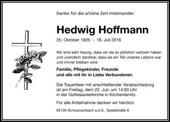 Traueranzeige von Hedwig Hoffmann von Frankenpost