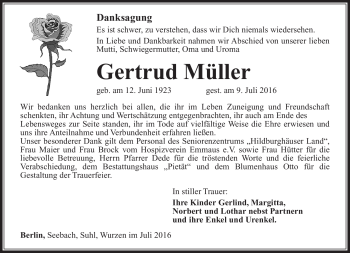 Traueranzeige von Gertrud Müller von Südthüringer Presse