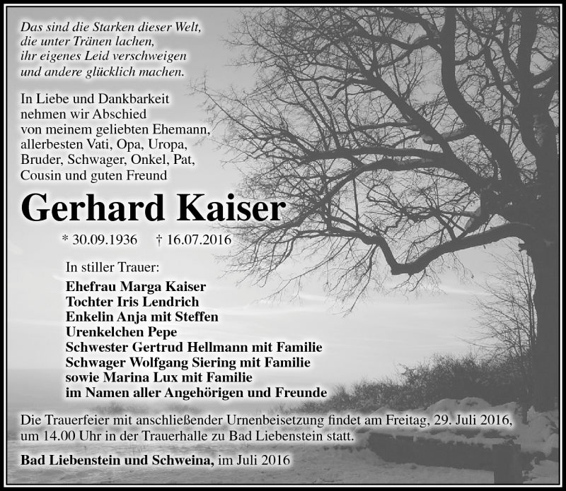  Traueranzeige für Gerhard Kaiser vom 26.07.2016 aus Südthüringer Presse