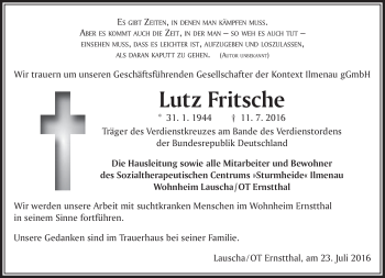 Traueranzeige von Lutz Fritsche von Südthüringer Presse