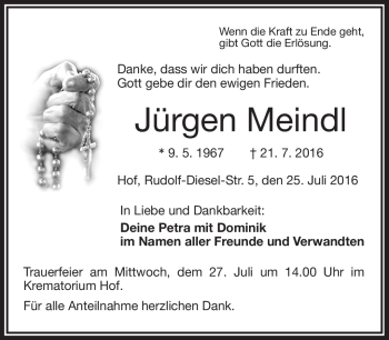 Traueranzeige von Jürgen Meindl von Frankenpost