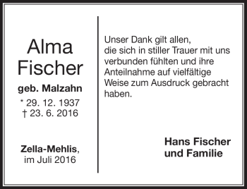 Traueranzeige von Alma Fischer von Südthüringer Presse