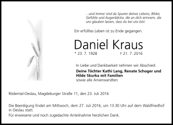 Traueranzeige von Daniel Kraus von Neue Presse Coburg