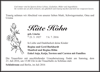 Traueranzeige von Käte Höhn von Südthüringer Presse