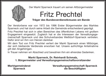Traueranzeige von Fritz Prechtel von Frankenpost