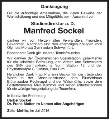 Traueranzeige von Manfred Sockel von Südthüringer Presse