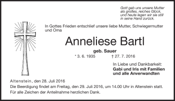 Traueranzeige von Annelese Bartl von Neue Presse Coburg