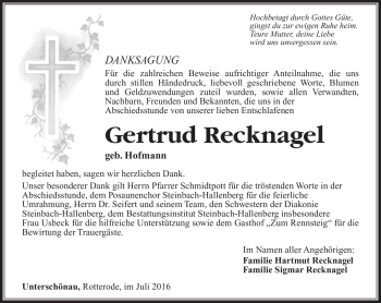 Traueranzeige von Gertrud Recknagel von Südthüringer Presse