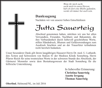 Traueranzeige von Jutta Sauerteig von Südthüringer Presse