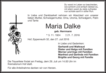 Traueranzeige von Maria Dalke von Frankenpost