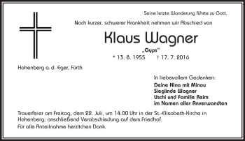 Traueranzeige von Klaus Wagner von Frankenpost