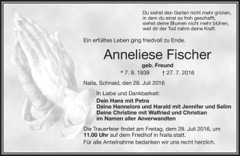 Traueranzeige von Anneliese Fischer von Frankenpost
