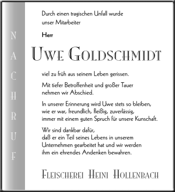 Traueranzeige von Uwe Goldschmidt von Südthüringer Presse