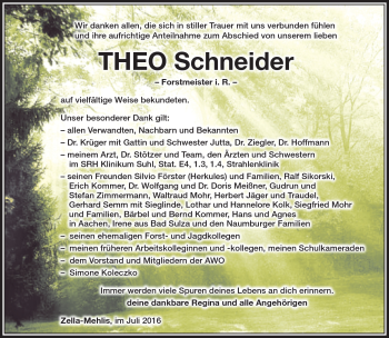 Traueranzeige von Theo Schneider von Südthüringer Presse