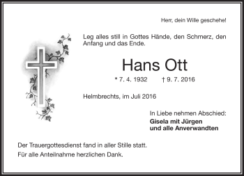 Traueranzeige von Hans Ott von Frankenpost