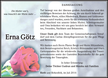 Traueranzeige von Erna Götz von Südthüringer Presse