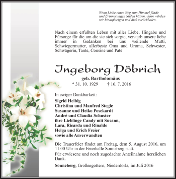 Traueranzeige von Ingeborg Döbrich von Südthüringer Presse