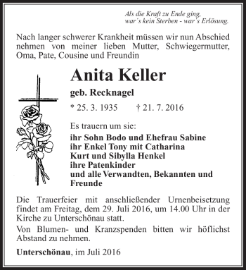 Traueranzeige von Anita Keller von Südthüringer Presse