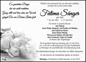 Traueranzeige von Fatima Sänger von Südthüringer Presse
