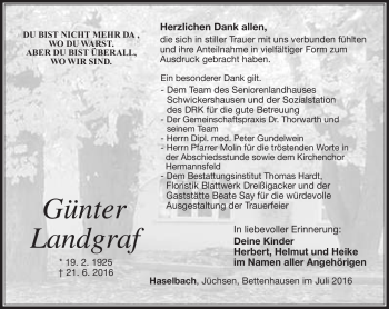 Traueranzeige von Günter Landgraf von Südthüringer Presse