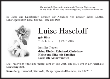 Traueranzeige von Luise Haseloff von Südthüringer Presse