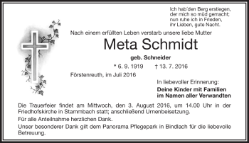 Traueranzeige von Meta Schmidt von Frankenpost