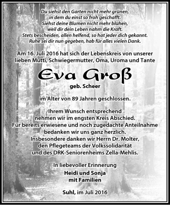 Traueranzeige von Eva Groß von Südthüringer Presse