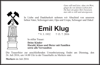 Traueranzeige von Emil Klug von Südthüringer Presse
