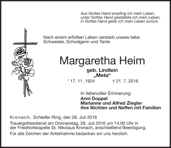 Traueranzeige von Margaretha Heim von Neue Presse Coburg