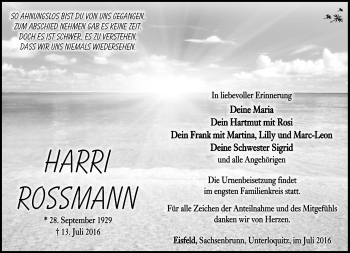 Traueranzeige von Harri Roßmann von Südthüringer Presse