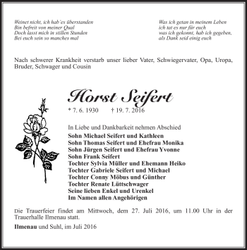 Traueranzeige von Horst Seifert von Südthüringer Presse