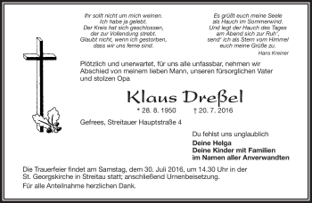 Traueranzeige von Klaus Dreßel von Frankenpost
