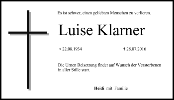 Traueranzeige von Luise Klarner von Neue Presse Coburg