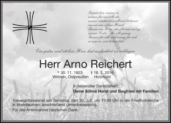 Traueranzeige von Arno Reichert von Frankenpost