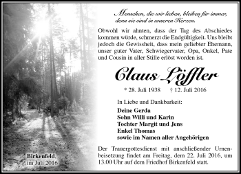 Traueranzeige von Claus Löffler von Südthüringer Presse