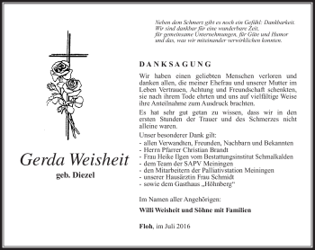 Traueranzeige von Gerda Weisheit von Südthüringer Presse