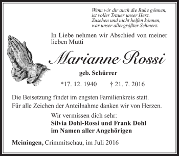 Traueranzeige von Marianne Rossi von Südthüringer Presse