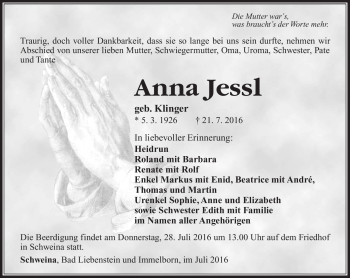 Traueranzeige von Anna Jessl von Südthüringer Presse
