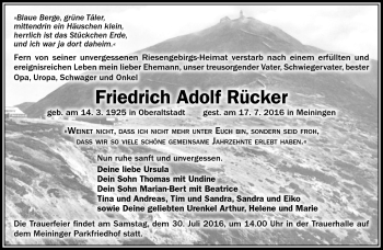Traueranzeige von Friedrich Adolf Rücker von Südthüringer Presse