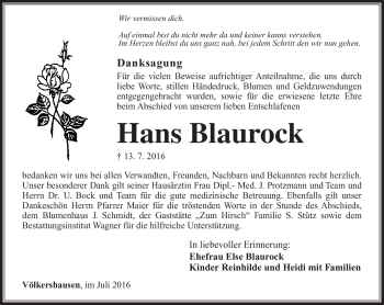 Traueranzeige von Hans Blaurock von Südthüringer Presse