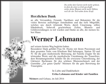 Traueranzeige von Werner Lehmann von Südthüringer Presse