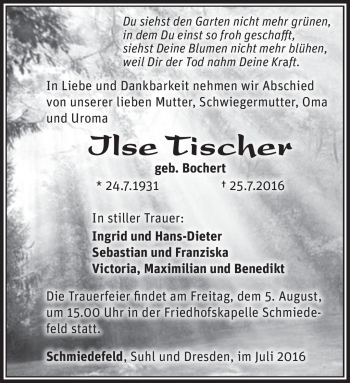 Traueranzeige von Ilse Tischer von Südthüringer Presse