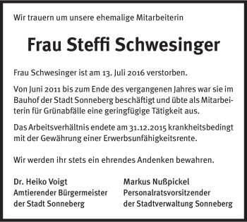 Traueranzeige von Steffi Schwesinger von Südthüringer Presse