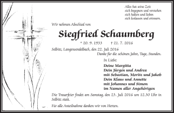 Traueranzeige von Siegfried Schaumberg von Frankenpost
